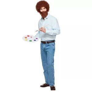 Size small/medium adult Spirit Halloween Bob Ross long sleeve light blue shirt